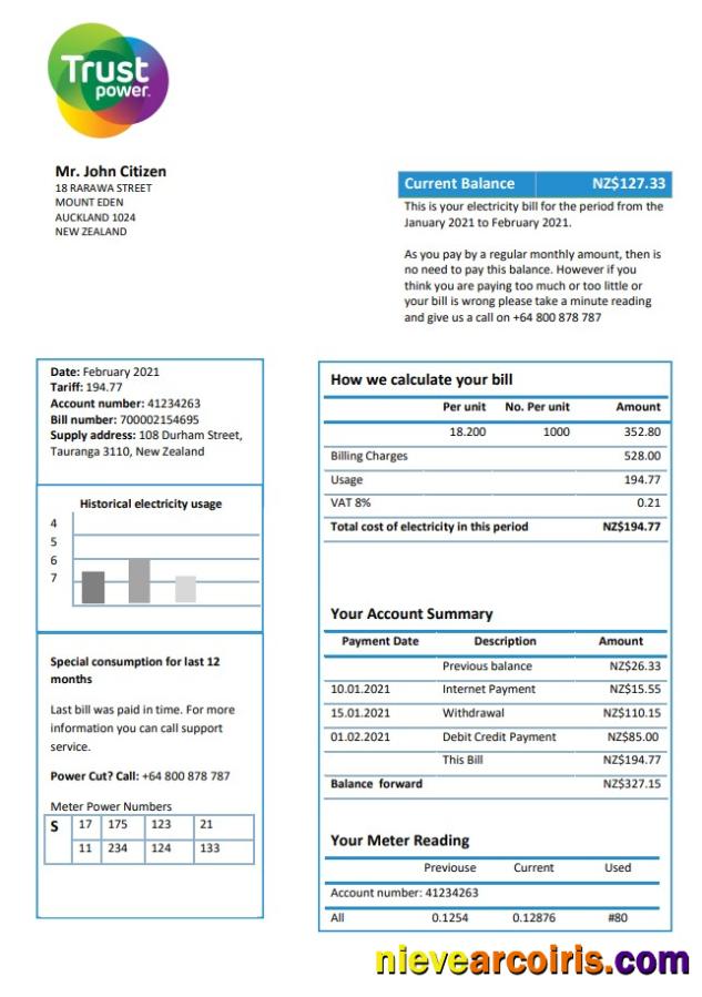 New Zealand Trustpower utility bill